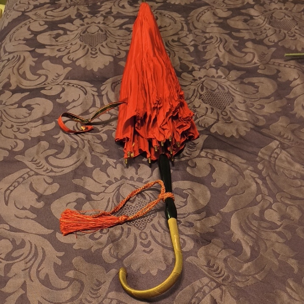 Elegant Red Umbrella with Gold Handle